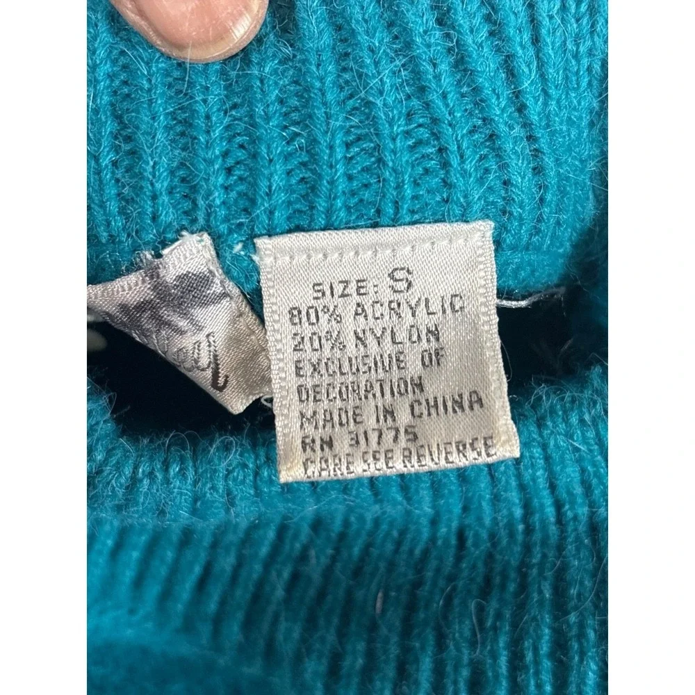 Vintage Teal Sweater With Black Shoulder Appliques & Ribbed Crew Neck‎ size 8